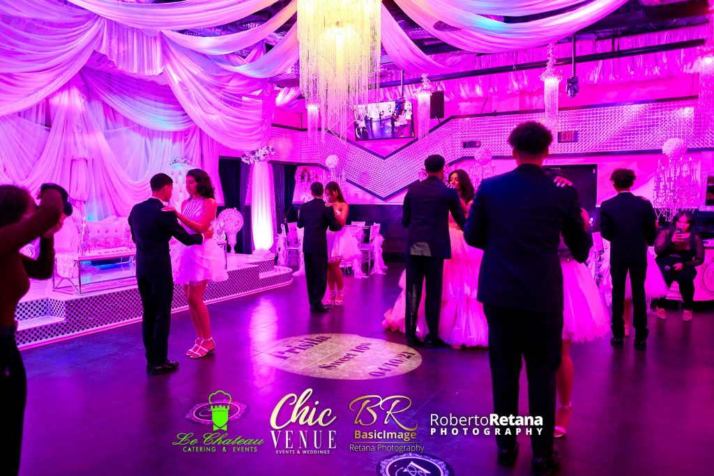 Open dance floor under colorful lighting