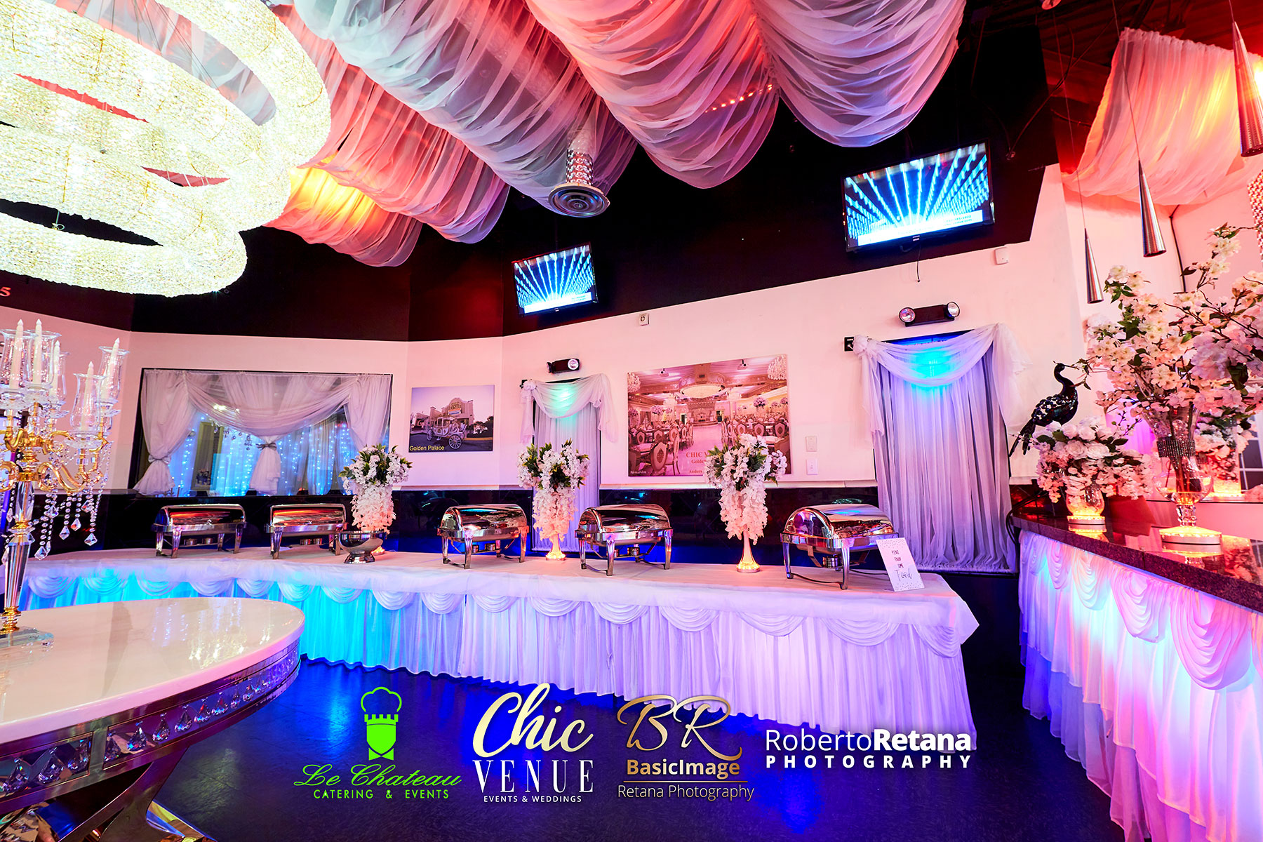 Dining room with LED tables and crystal chairs