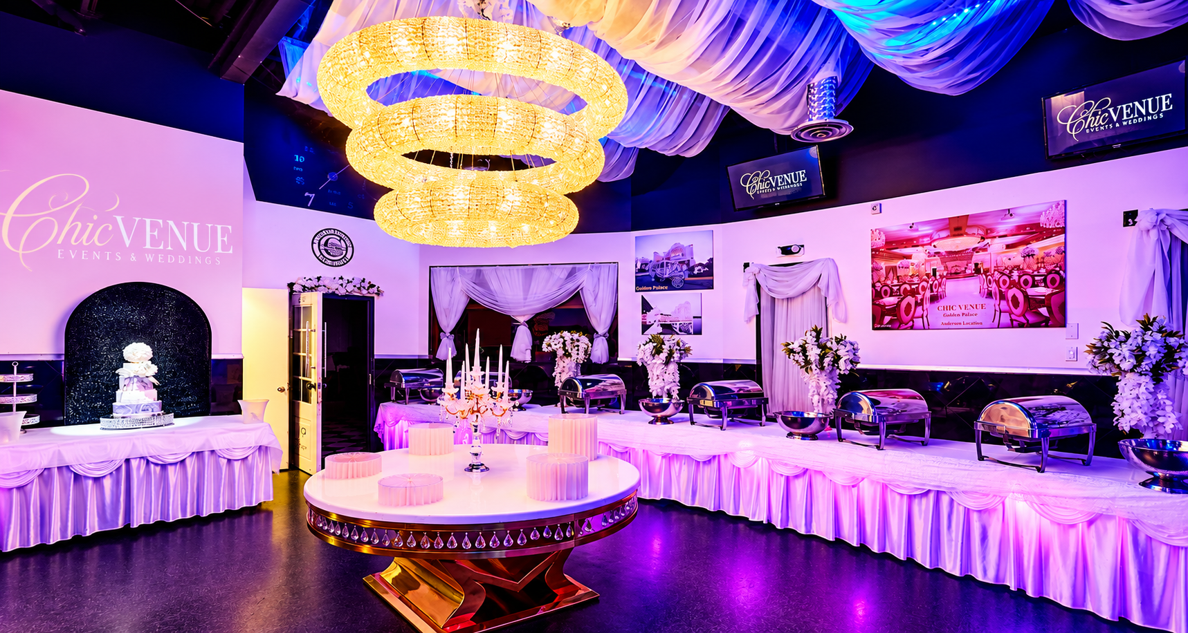 Dining center interior with illuminated tables at Chic Venue