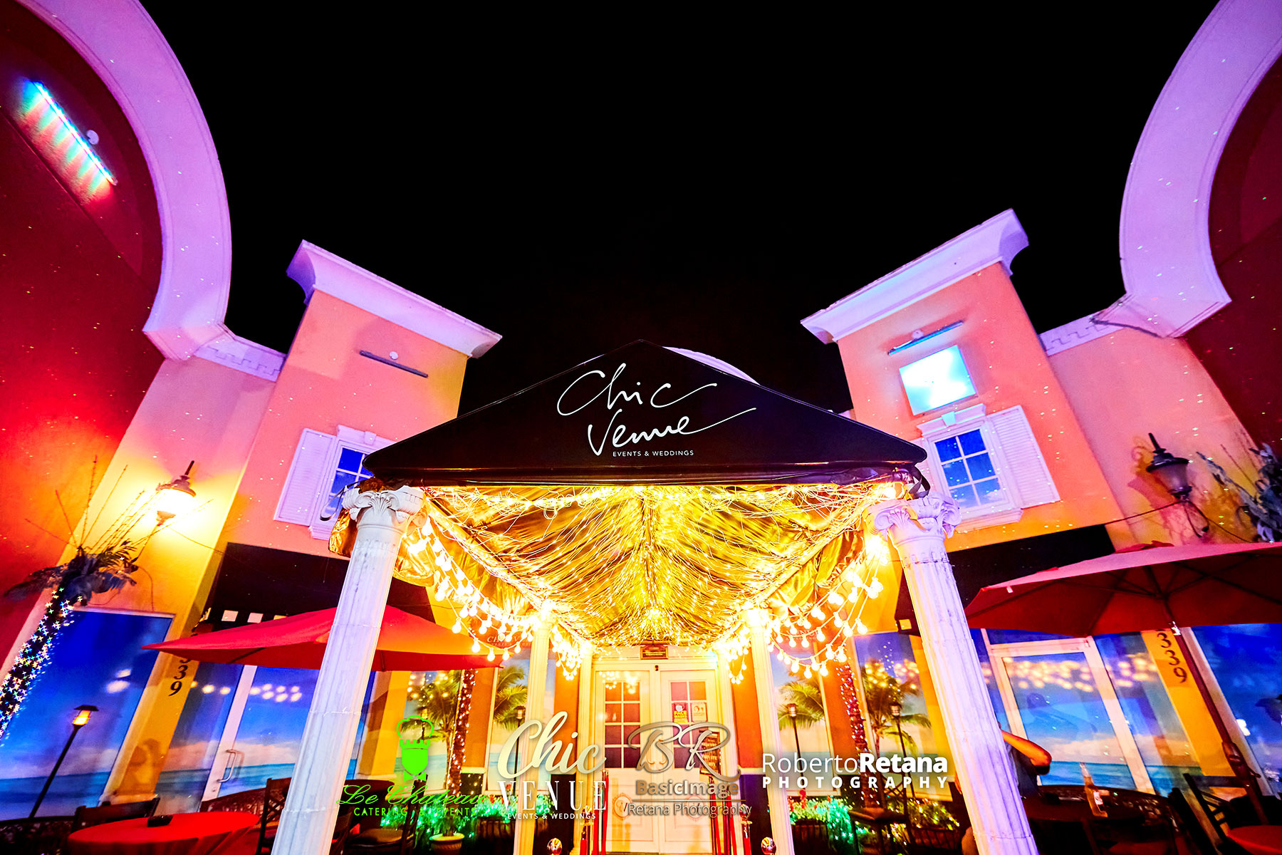 Landscaped patio and Chic Venue entrance for a private birthday event