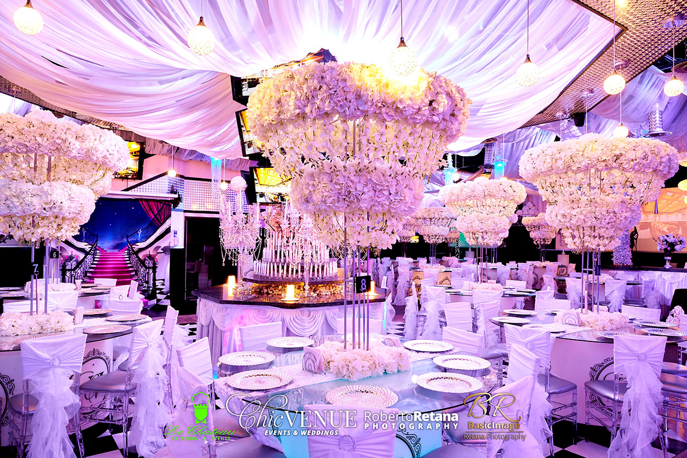 Elegant wedding reception tables around the central dance floor