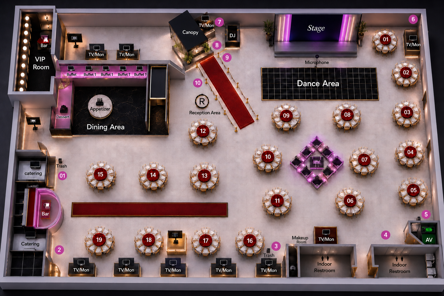 Top-down Chic Venue floor plan showing the VIP room, dining area, catering and bar areas, reception walkway, stage, dance area, guest tables, AV room, makeup room, and indoor restrooms