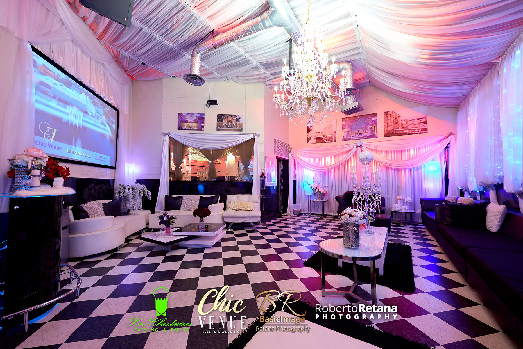 Chic Venue VIP Room under colorful LED lighting