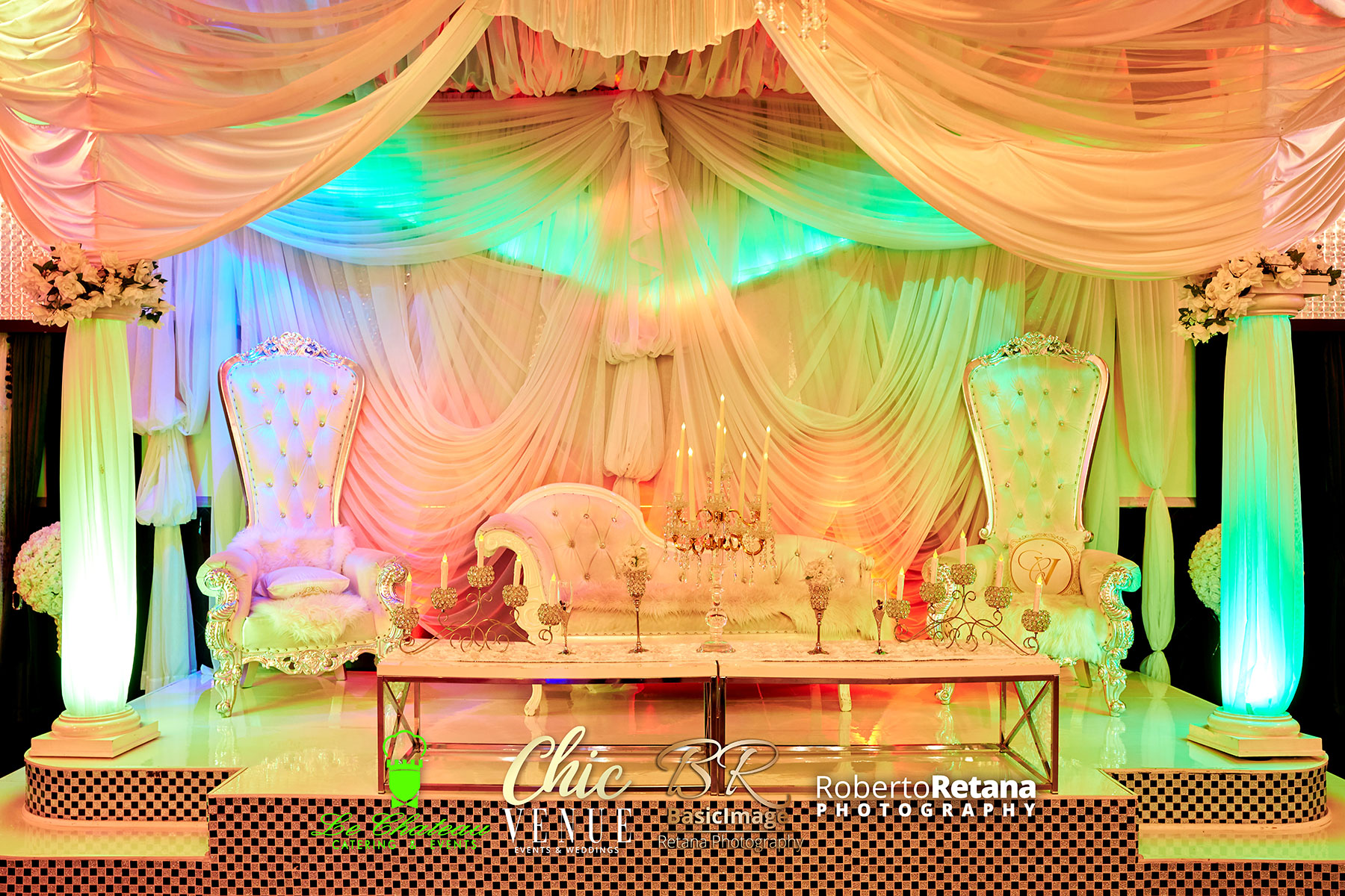 Furnished stage illuminated with colorful venue lighting