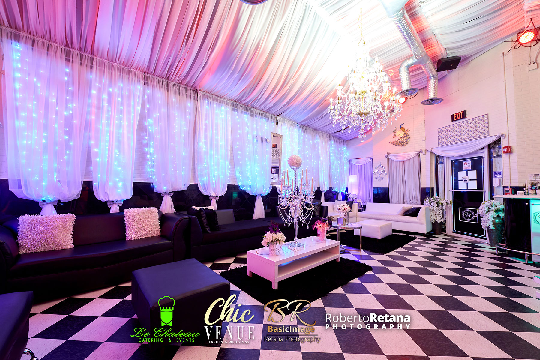 Private VIP lounge with colorful Sweet Sixteen lighting