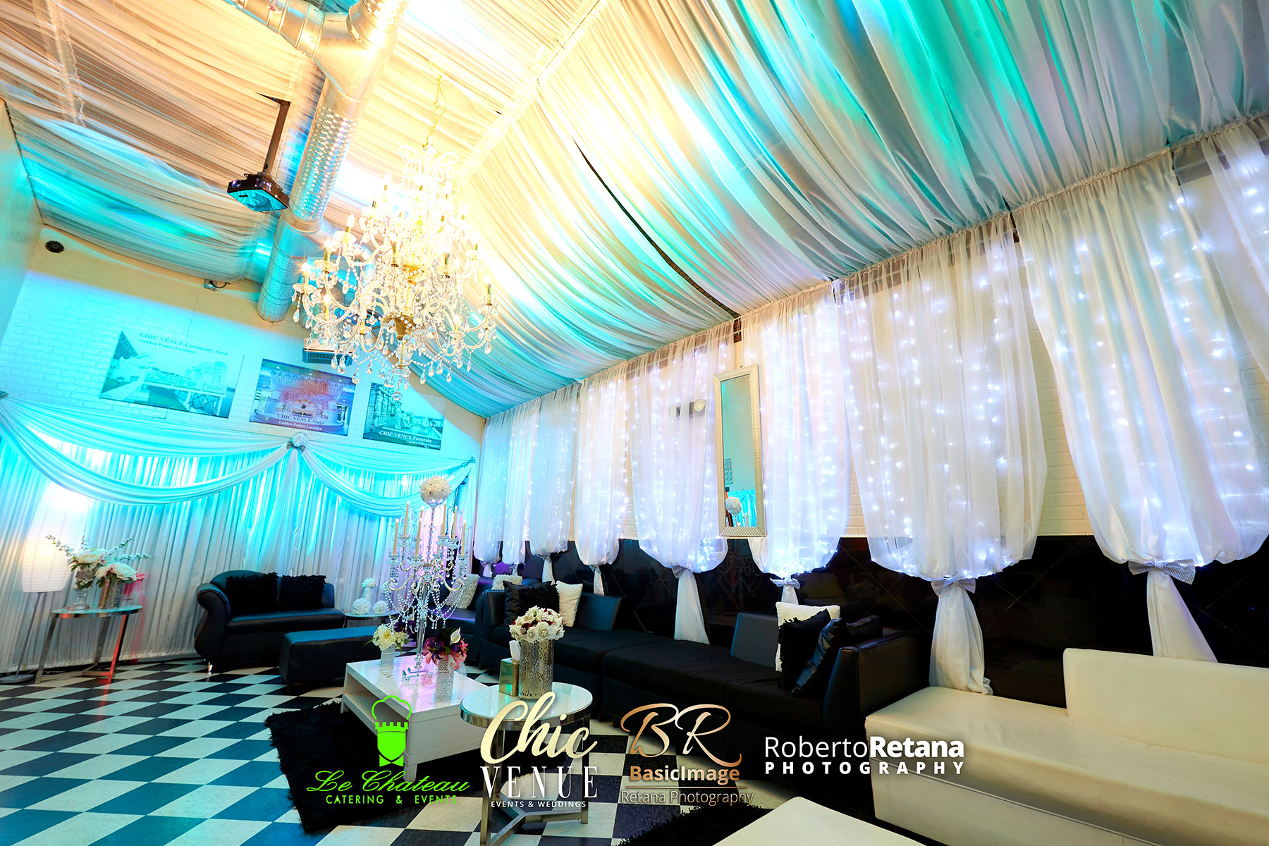 Colorfully illuminated VIP seating area for a milestone celebration