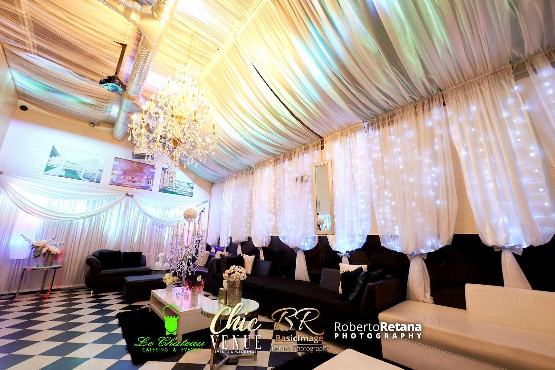 Colorfully lit VIP lounge