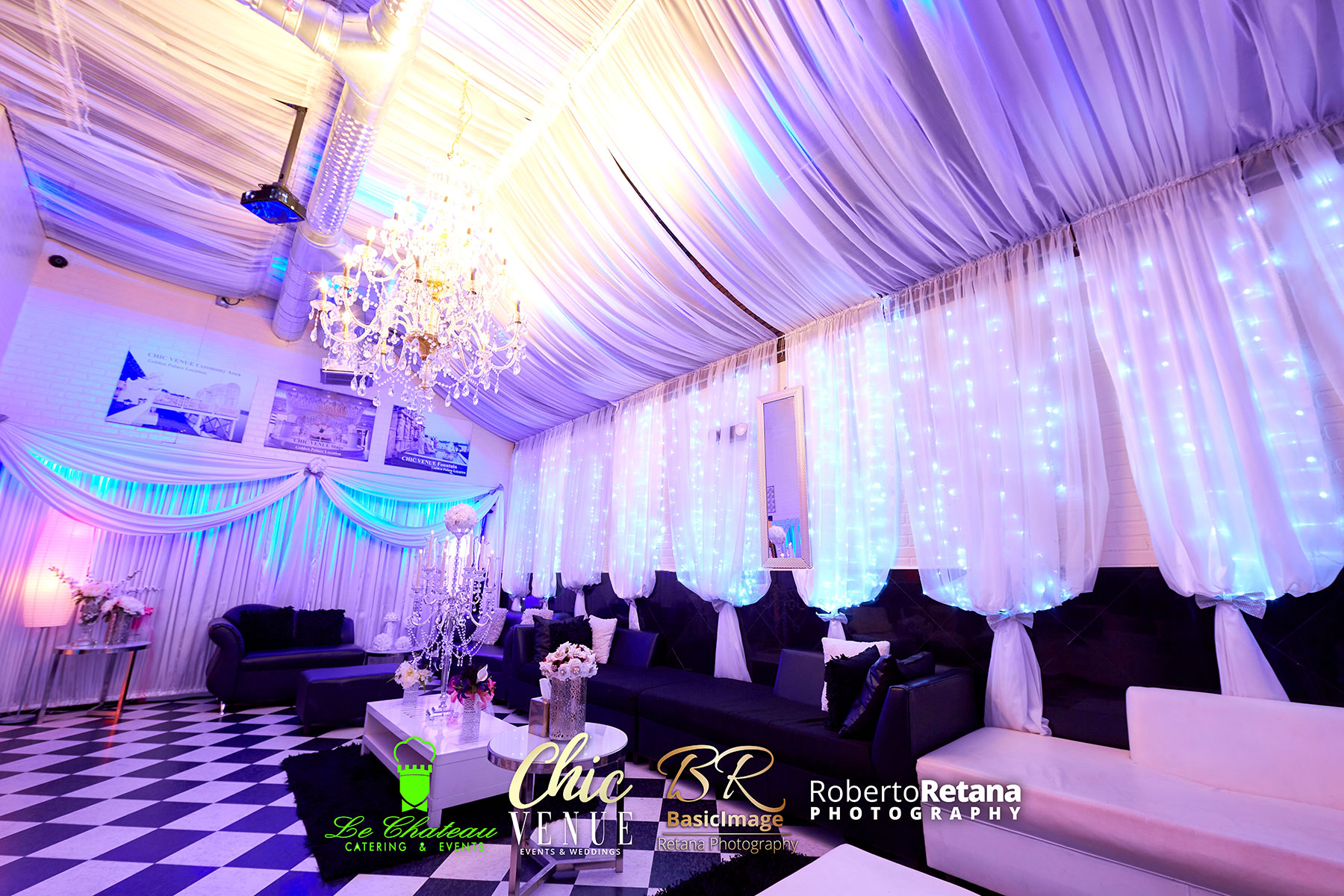 Furnished VIP room with illuminated tables at Chic Venue